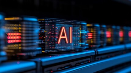 Modern AI technology with glowing artificial intelligence letters represents data processing and machine learning in a secure digital network environment