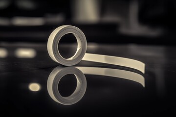 Intriguing roll of tape with reflection on glossy black surface creates a modern, minimalist vibe perfect for office, design, or organizational themes
