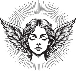 A divine angel with closed eyes and serene expression, embodying peace, hope and spiritual harmony, is encircled by a radiant halo and large detailed wings in a photorealistic illustration.