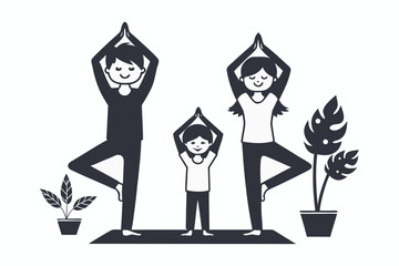 Father, mother, and child gracefully demonstrate tree pose on a mat near plants