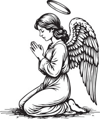 An angelic figure, knelt in reverent prayer, evokes a sense of spiritual peace, surrounded by the ethereal glow of a halo, rendered in a detailed and expressive illustration.