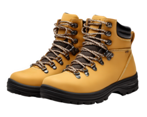 Pair of yellow hiking boots with black soles, detailed laces, and metal eyelets, essential for outdoor adventure, trekking, and travel, evoking sense of exploration and durability
