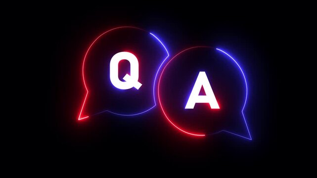 Glowing neon Question and Answer icon isolated on black background. Q and A symbol. Chat speech bubble and chart. 4K Video motion graphic animation .