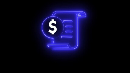 Abstract glowing neon bank ,document ,dollar ,money ,paper ,statement icon .Business report and financial analysis with glowing neon style over black background .4k motion graphics animation . - Powered by Adobe