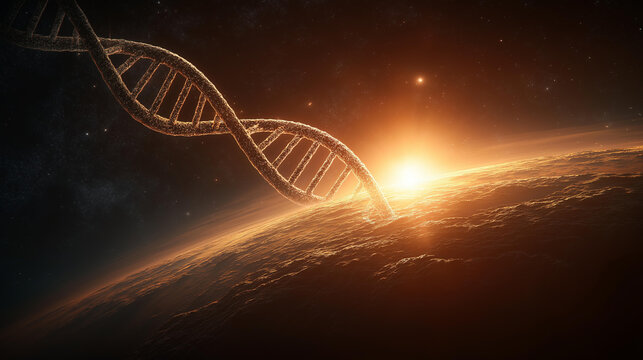 Cosmic DNA at Sunrise – Conceptual Double Helix Emerging from Planet Surface in Outer Space - Powered by Adobe