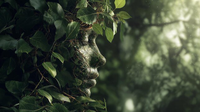 Forest Spirit Face &ndash; Nature-Inspired Sculpture of a Human Face Covered in Leaves and Vines