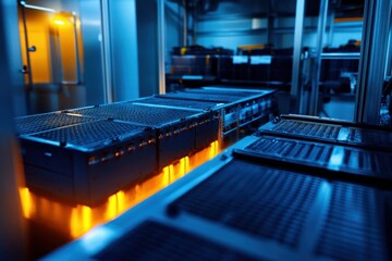 Advanced technology in a dark data center showcasing illuminated servers processing data