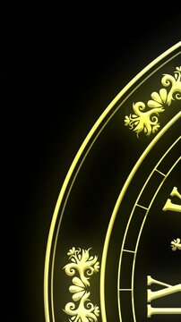 Animation of clock showing midnight and fireworks exploding on black background