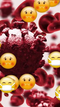 Nauseated and face with mask emojis floating against Covid-19 cells and blood vessels moving