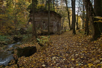 Ruin of "Modry dum (Blue house)"in public park "Tercino udoli" at Nove Hrady in South Bohemia,Czech republic,Europe
