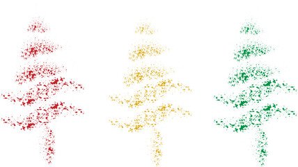 christmas tree decoration, Three abstract tree shapes using colored glitter particles. The trees are composed of red, gold, and green glitter, creating a festive