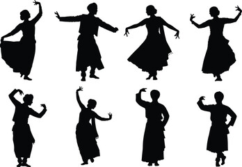 Traditional Indian classical dance silhouette set featuring elegant female poses, cultural costumes, graceful movements, and expressive choreography for vector design