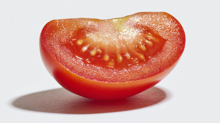 Half of a tomato photographed on white, showing its cut surface and natural shadow