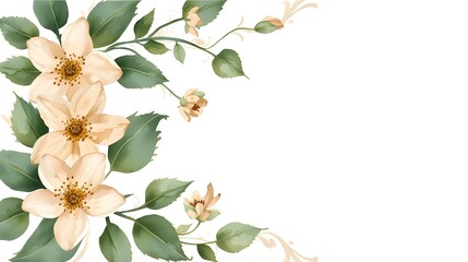 Obraz premium A floral arrangement featuring soft peach flowers and green leaves on a white background. The design is elegant and suitable for various decorative purposes.