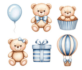 Cozy watercolor baby collection with balloons, bears. Gentle teddy bears with blue bows and soft baby charm.