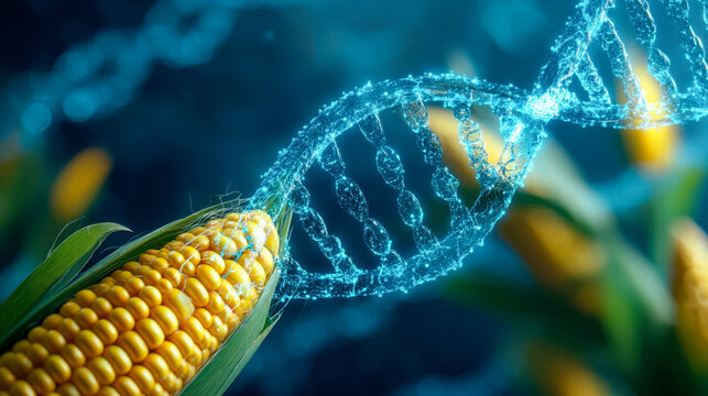 Genetically modified corn with luminous DNA helix, a biotechnology and genetic engineering concept for agricultural innovation