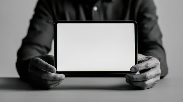 Hands holding digital tablet with blank white screen in black and white style