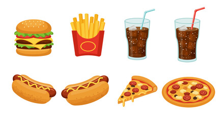 Eight cartoon fastfood items a burger fries two drinks two hotdogs and two pizzas are depicted © Rama