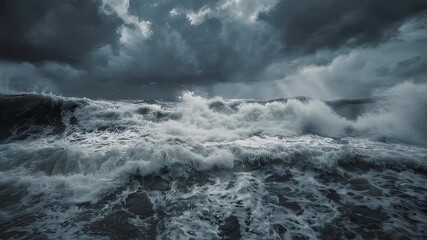 A stormy seascape, dark clouds loom over crashing waves, creating a dramatic scene - Powered by Adobe