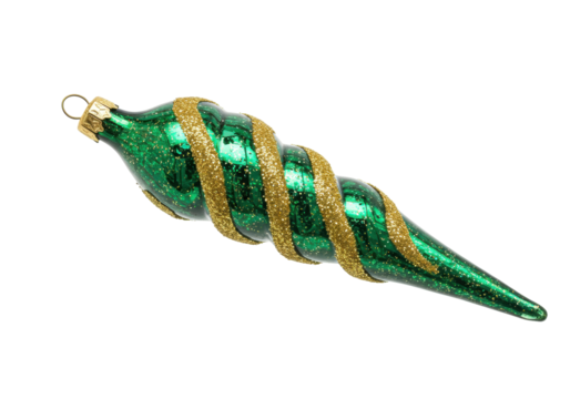 Isolated glittering green Christmas ornament with a golden spiral for seasonal decoration