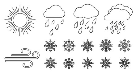 Weather elements illustration featuring sun clouds rain snowflakes and wind.