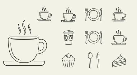 Collection of minimalist line art icons for coffee and dessert.