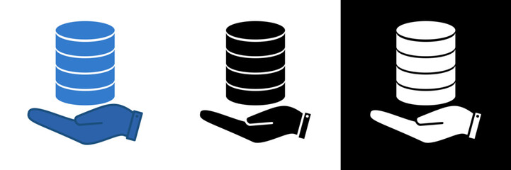 Flat vector illustration of a hand holding a database stack, symbolizing control and data management. Perfect for cloud services, IT solutions, and digital business presentations