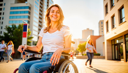 Naklejka premium Young woman in wheelchair smiling outdoors in urban setting 