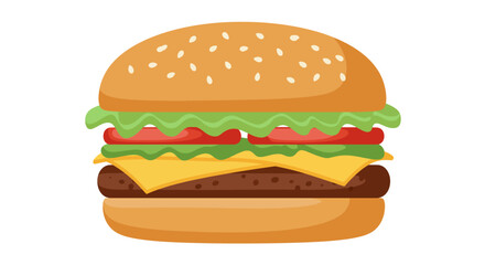 A cartoon hamburger with sesame bun lettuce tomato cheese and patty against a white background