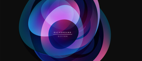 Abstract flowing shapes create vibrant, layered design. Purple, blue hues dominate dark background. Text reads background design.