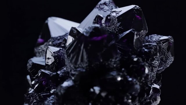 Close-up of a dark purple cluster of mineral crystals