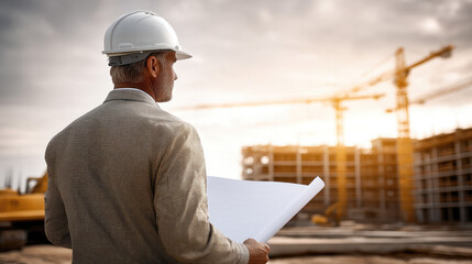 Project manager holding blueprint at construction site with cranes, wearing safety helmet, overseeing building progress at sunset