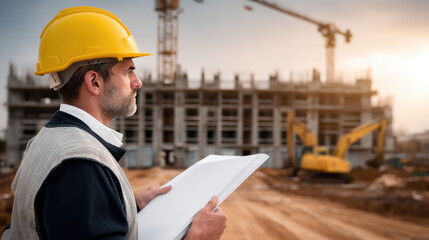 Construction manager wearing yellow hard hat holding blueprint at building site, focused on project progress and safety