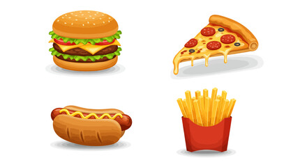 Fast food icons burger pizza hot dog and fries on a white background