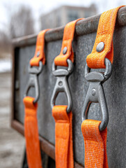 Fototapeta premium Close-up of orange straps hooked on metallic equipment.