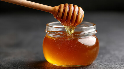 Jar of honey with a wooden dipper on a dark background.
