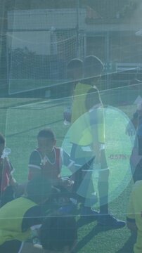 Animation of statistics and data processing over diverse football players on pitch