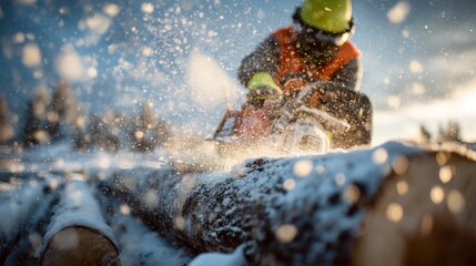 A male worker in a yellow helmet and safety gear cuts through snow-covered logs with a chainsaw, surrounded by flying wood particles.