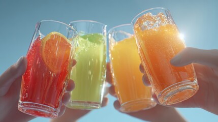Cheers to summer! Group of diverse hands raising colorful refreshing drinks against a bright blue sky.