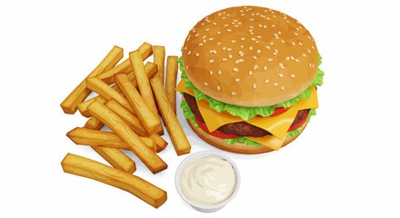A burger with sesame seed bun fries  white sauce isolated on a white background
