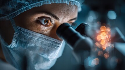 A scientist wearing a surgical mask and cap closely examines samples through a microscope in a lab with bright bokeh lights in the background.