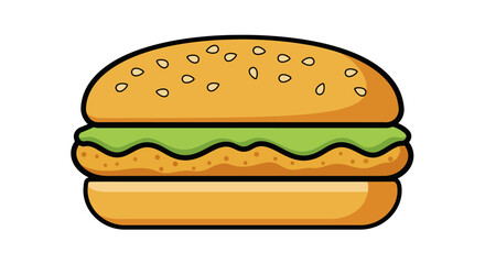 Cartoon burger with lettuce sesame seed bun bottom bun and black outline