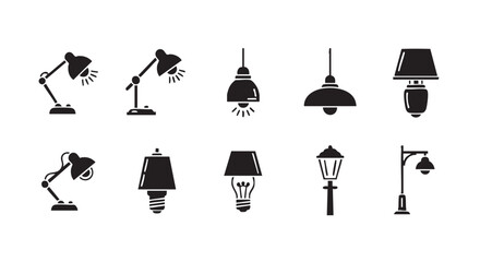 Four different black desk lamp vector illustrations with glowing light