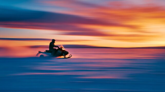 A man races across a snowy landscape on a snowmobile at sunset, surrounded by vibrant hues of orange, pink, and purple in the sky.