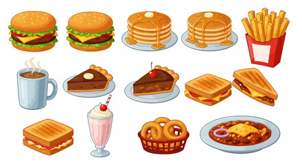 Illustration of assorted diner food burgers pancakes pie grilled sandwiches fries milkshake coffee onion rings and chili