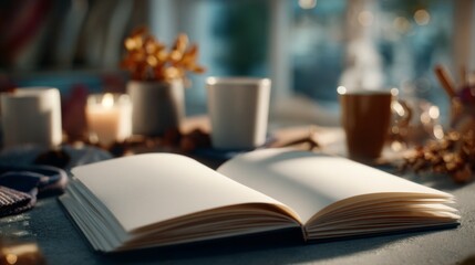 Naklejka premium A cozy workspace featuring an open blank notebook, ready for inspiration, surrounded by warm-colored mugs and soft light.