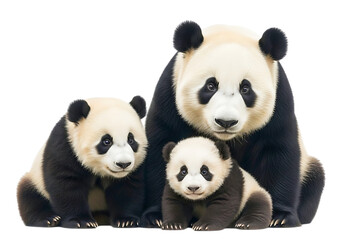 Naklejka premium A giant panda family isolated on transparent background poses for a portrait