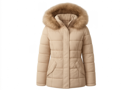 Beige women's puffer jacket with fur hood - Powered by Adobe