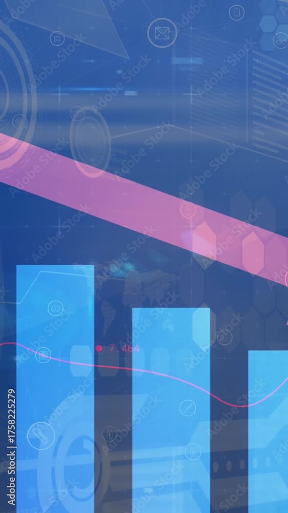 Wall mural animation of red arrow with statistics processing over scopes scanning