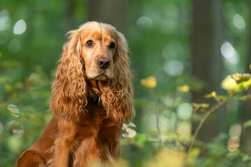 Uroczy cocker spaniel w jesiennym lesie. Portret psa w naturalnym świetle, w otoczeniu drzew i liści. Spokojna, ciepła scena ukazująca więź człowieka z naturą i zwierzęciem.